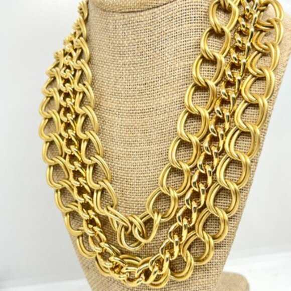 VINTAGE CHUNKY MULTI CHAIN NECKLACE BRUSHED GOLD STATEMENT BIB LUXE runway - Picture 6 of 15